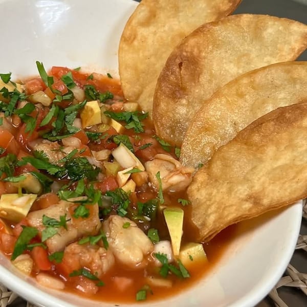 Margarita's Cocina Mexicana's ceviche with shrimp, avocado, tomatoes, cilantro, and fried tortillas.